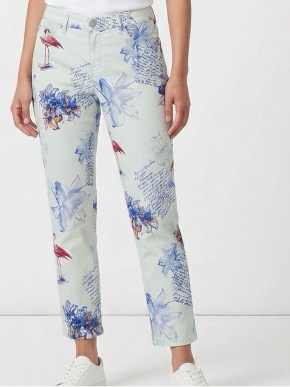 CHICO’S So Slimming Girlfriend Ankle Mint Tropical Flamingo Floral Cropped Jeans